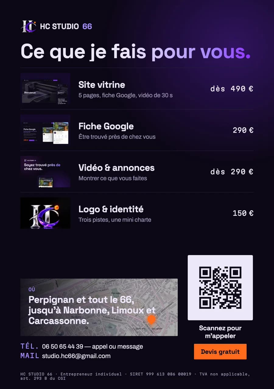 Verso du flyer A5 : les quatre offres avec leurs vues et leurs prix, la carte de Perpignan, le QR code pour appeler et les mentions légales